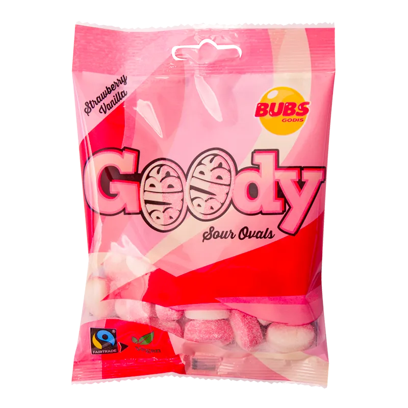 Pink package of Bubs Goody Sour Ovals candy in strawberry Vanilla flavor with visible brand logos.