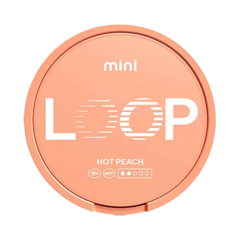 Front view of LOOP Hot Peach Mini nicotine pouch – spicy sweet peach flavor. 