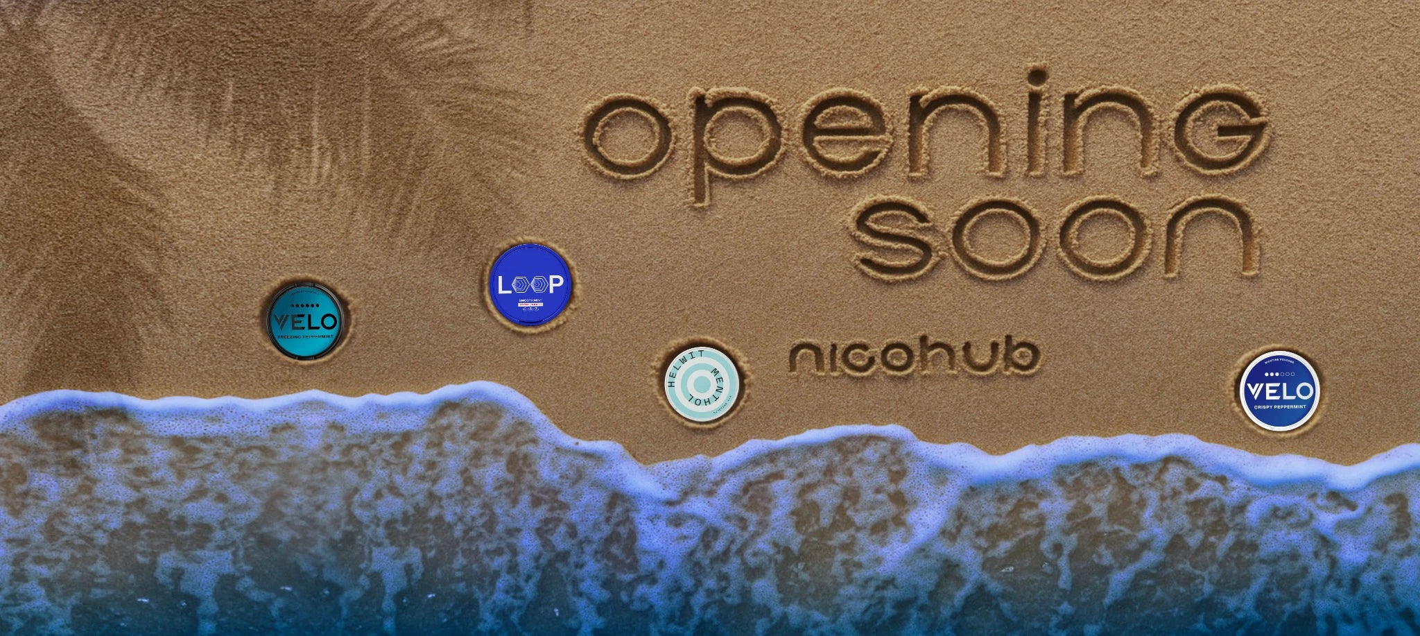 Front view of Nicohub Coming Soon Bali banner – sand beach background with Velo, Loop, and Helwit cans.