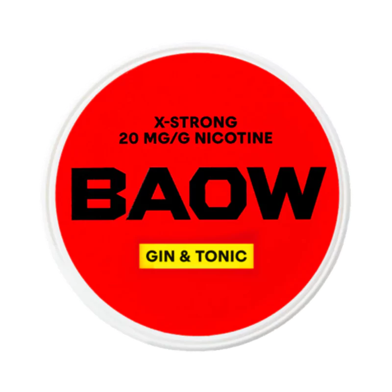 Front view of BAOW Gin & Tonic nicotine pouch – 12mg strength with cocktail-inspired flavor.