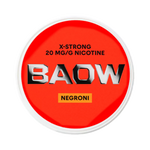 Front view of BAOW Negroni nicotine pouch – 12mg strength with cocktail-inspired bittersweet flavor.
