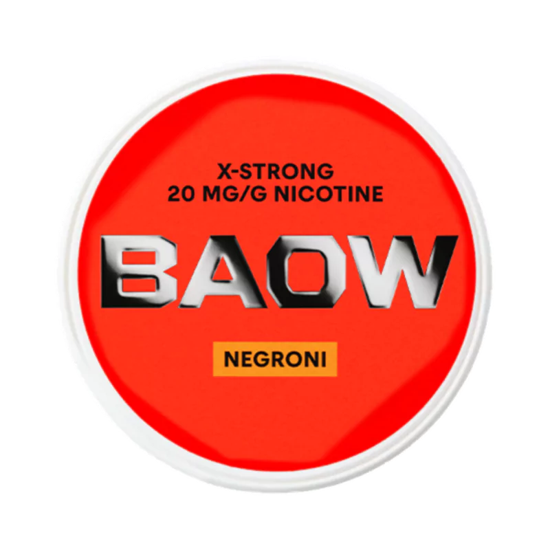 Front view of BAOW Negroni nicotine pouch – 12mg strength with cocktail-inspired bittersweet flavor.