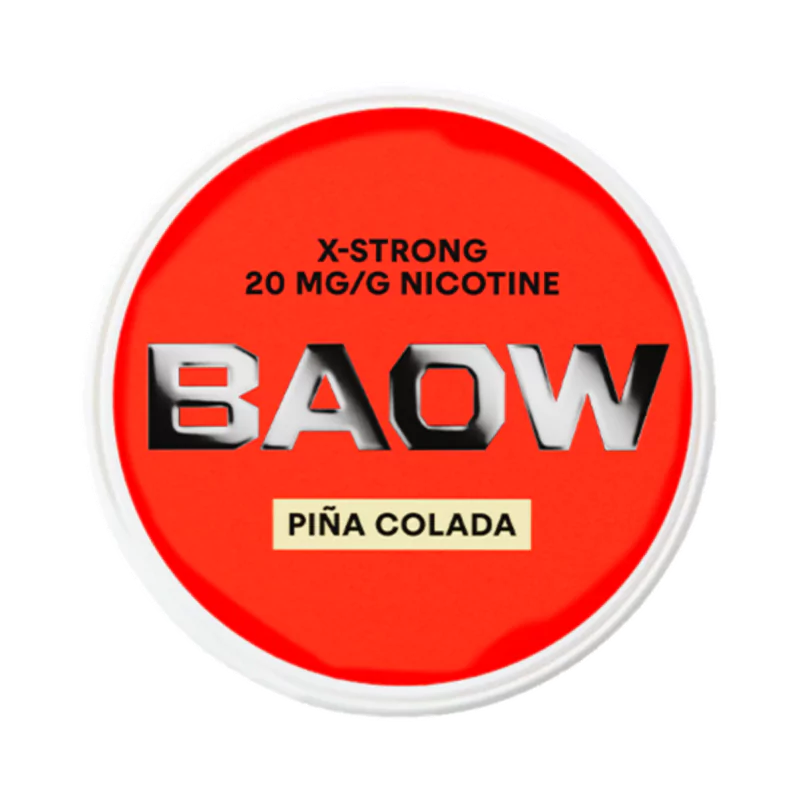 Front view of BAOW Pina Colada nicotine pouch – 12mg strength with pineapple and coconut flavor.