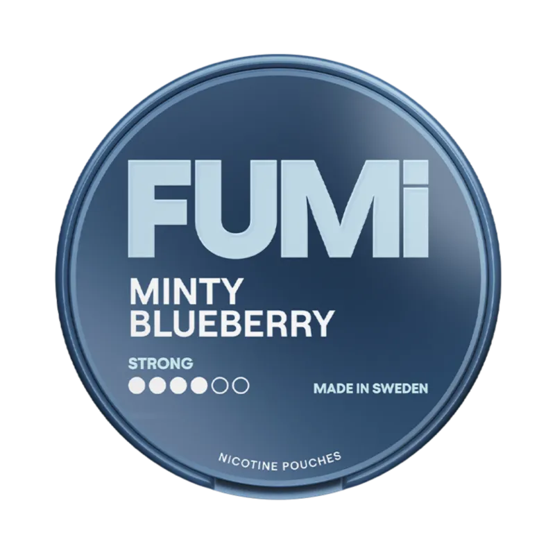 Front view of FUMi Minty Blueberry nicotine pouch – 8mg strength with Icy Minty berry flavor.