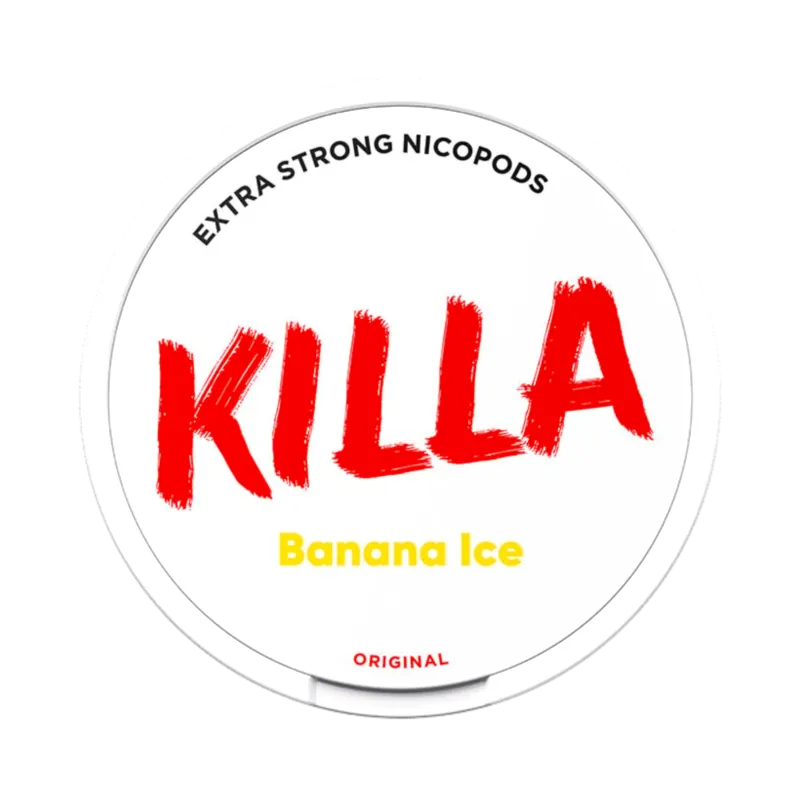Front view of KILLA Banana Ice nicotine pouch - extra strong with sweet banana and cooling ice flavor.