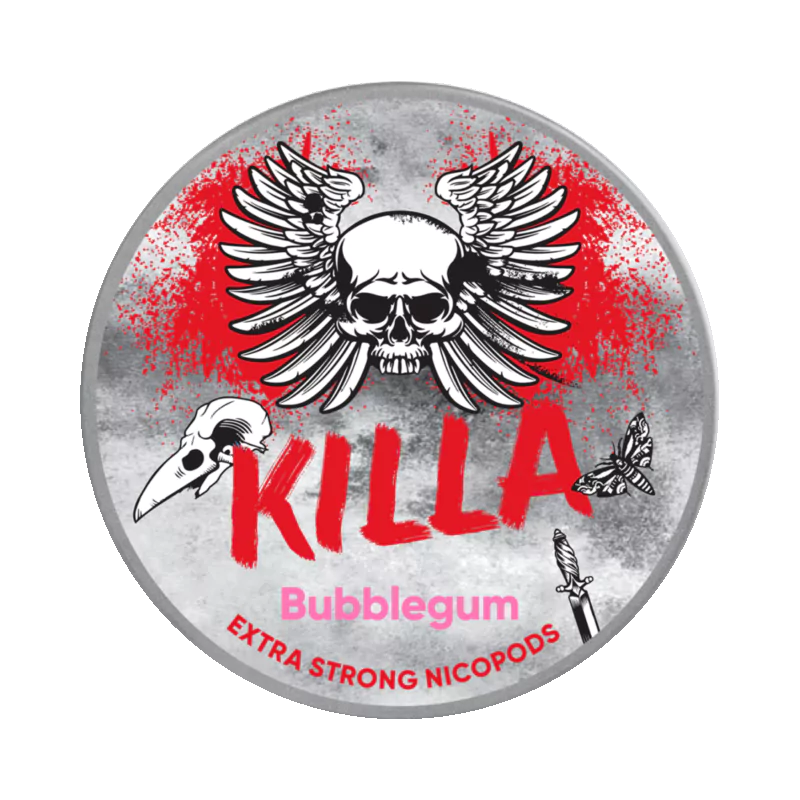 Front view of KILLA Bubblegum nicotine pouch – 12.8mg strength with classic bubblegum flavor