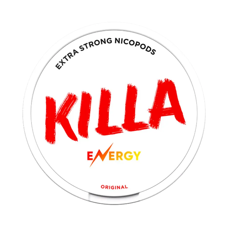 Front view of KILLA Energy nicotine pouches - 12.8mg strength with flavor of red bull, energy drink taste
