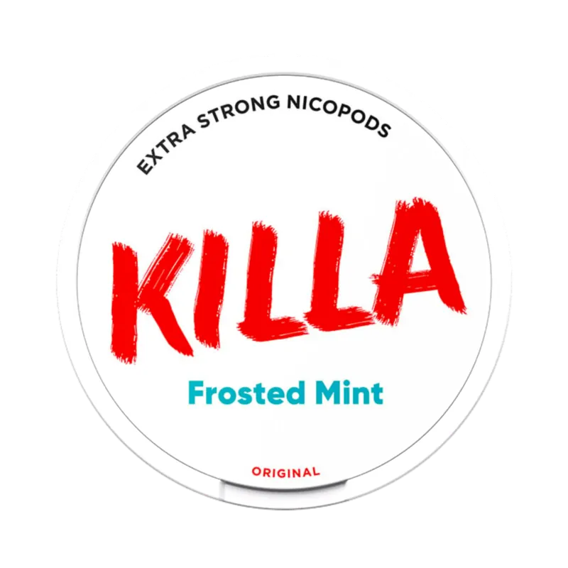 Front view of KILLA Frosted Mint nicotine pouch – extra strong with icy mint flavor.