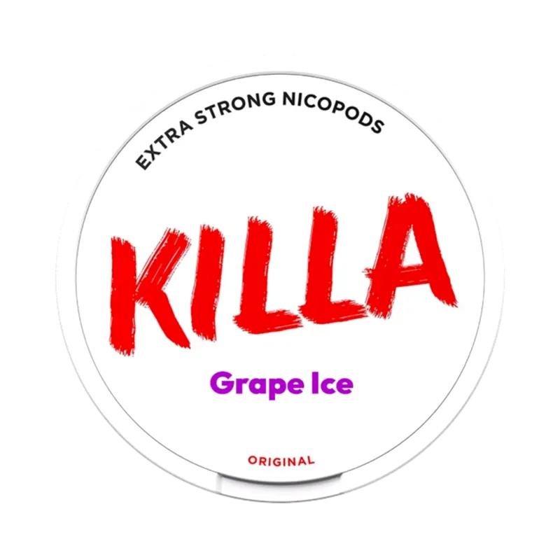 Front view of KILLA Grape Ice nicotine pouch – 12.8mg strength with grape and menthol flavor