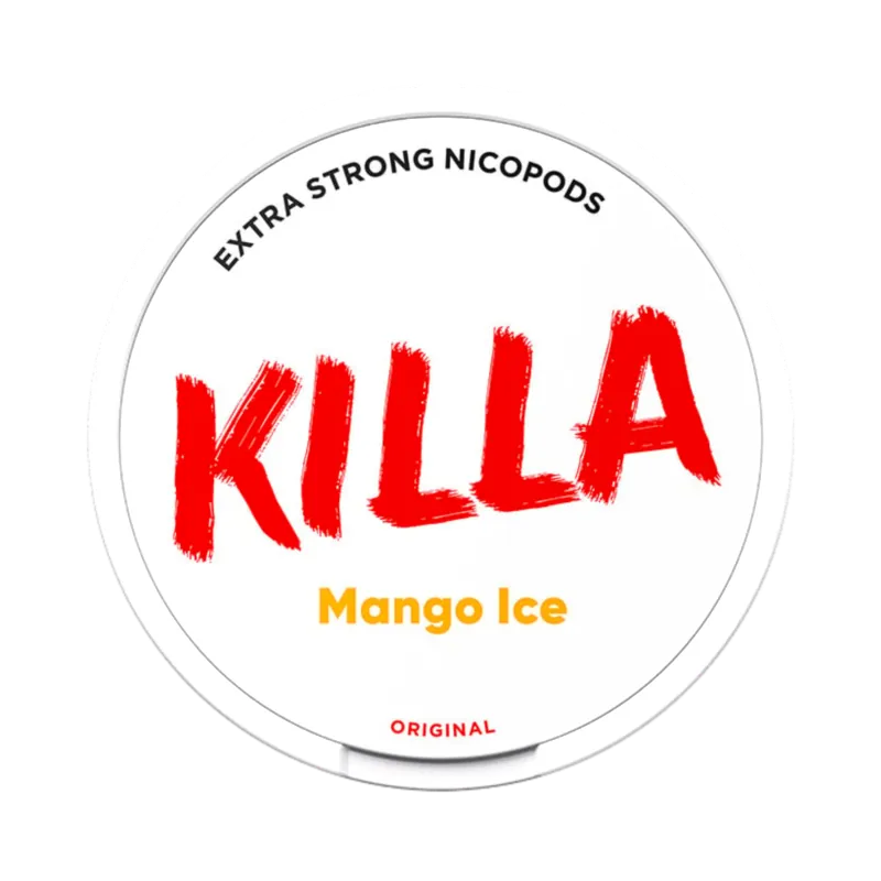 Front view of KILLA Mango Ice nicotine pouch – extra strong with tropical mango and cooling ice flavor. 