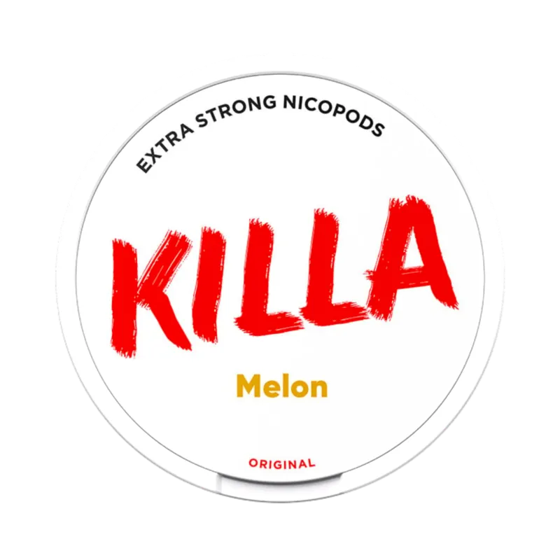 Front view of KILLA Melon nicotine pouch – extra strong with juicy melon flavor.