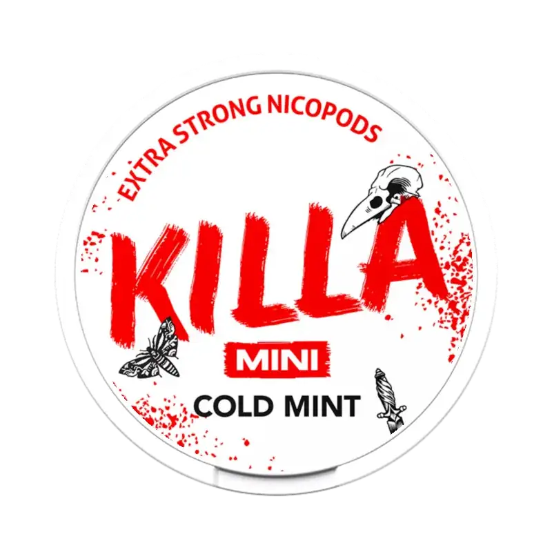 Front view of Killa Mini Cold Mint nicotine pouch – with crisp cold mint flavor.