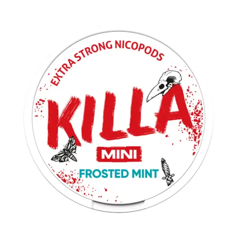 Front view of Killa Mini Frosted Mint nicotine pouch –with icy mint flavor.