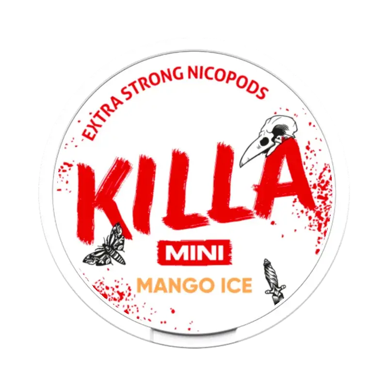 Front view of Killa Mini Mango Ice nicotine pouch – with icy mango flavor.