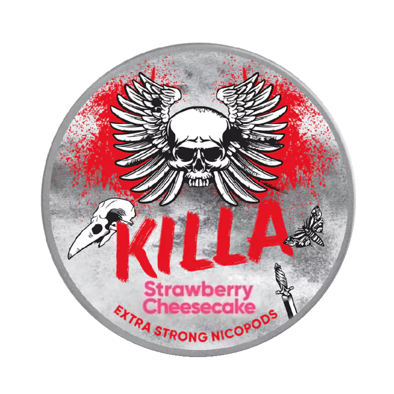 Front view of KILLA Strawberry Cheesecake nicotine pouch – 12.8mg strength with creamy cheesecake and strawberry flavor