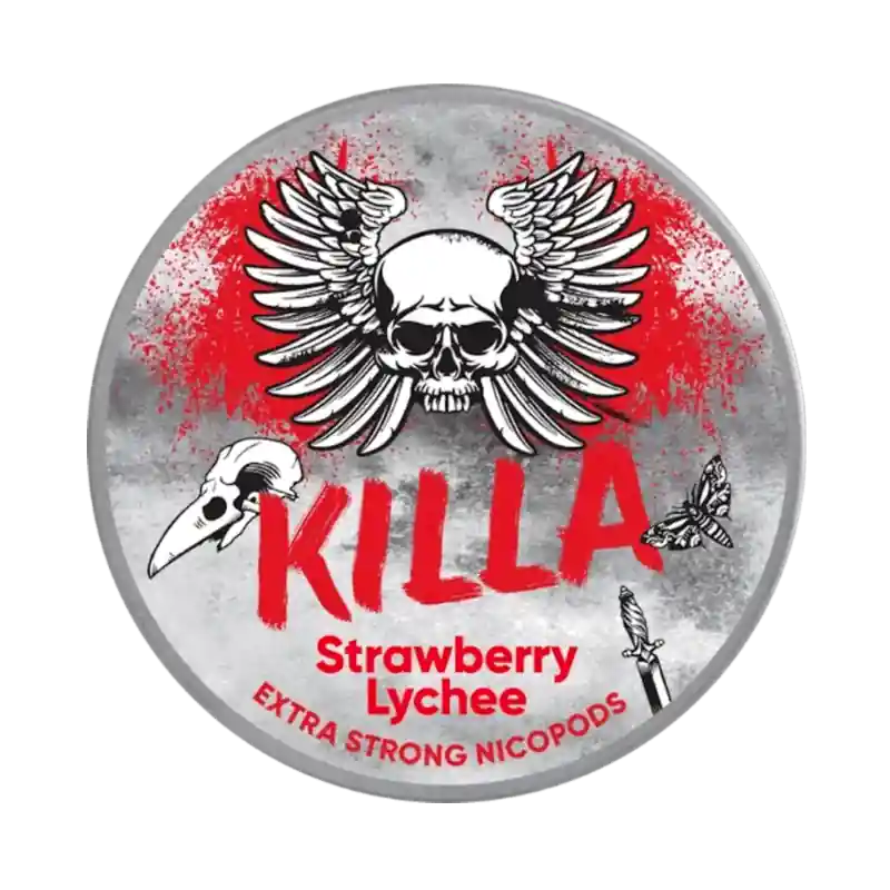 KILLA Strawberry Lychee delivers an exotic blend of sweet lychee and ripe strawberry with extra-strong nicotine pouches. Premium Swedish quality for intense satisfaction