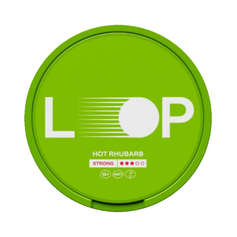 Front view of LOOP Hot Rhubarb strong nicotine pouch – 9.4mg strength with rhubarb flavor