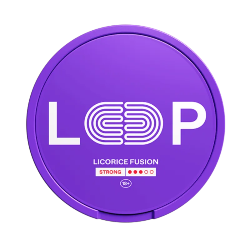Front view of LOOP Licorice Fusion Strong nicotine pouch – 9.5mg strength with fruity mixed with licorice flavor