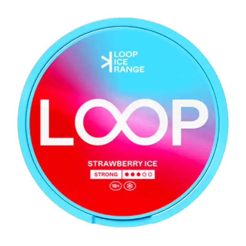 LOOP Strawberry Ice Strong – Juicy strawberry freshness blended with ice-cool tones, premium Swedish nicotine pouches at 9.4 mg strength.