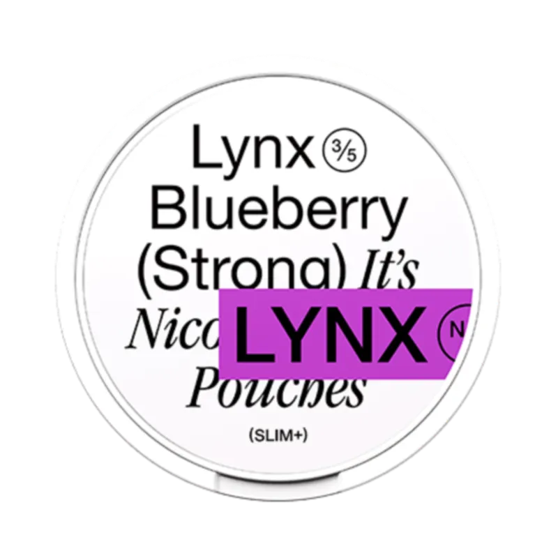 Front view of LYNX Blueberry nicotine pouch – Strong with blueberry flavor. 