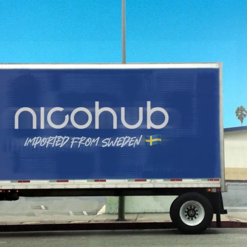 Front view of Nicohub delivery truck – imported from Sweden branding on blue trailer.