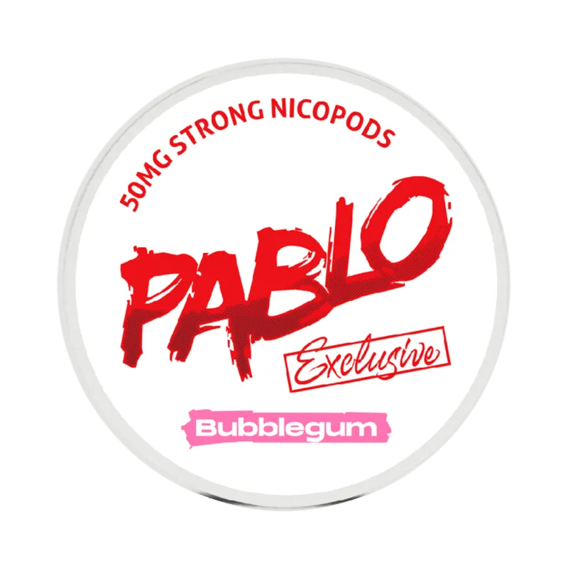 Front view of PABLO Exclusive 50mg nicotine pouches with bubblegum flavor