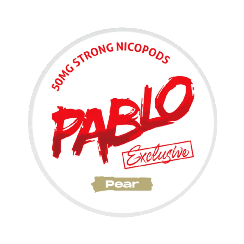 Front view of PABLO Exclusive 50mg nicotine pouches with pear flavor