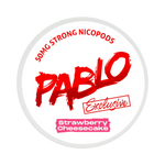 Front view of PABLO Exclusive 50mg nicotine pouches with strawberry cheesecake flavor