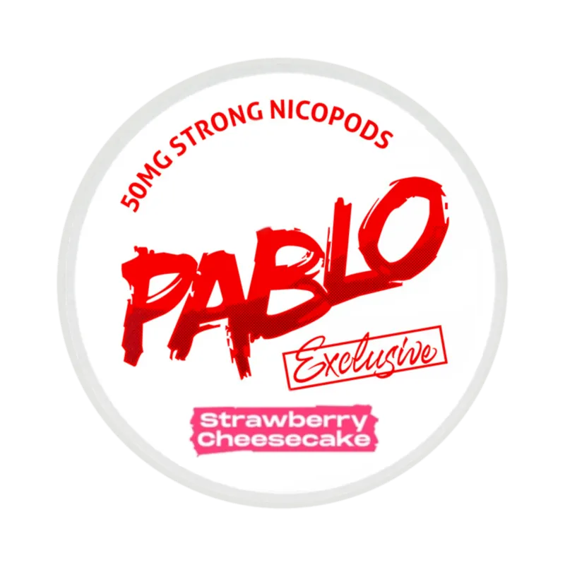 Front view of PABLO Exclusive 50mg nicotine pouches with strawberry cheesecake flavor