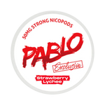 Front view of PABLO Exclusive 50mg nicotine pouches with strawberry lychee flavor