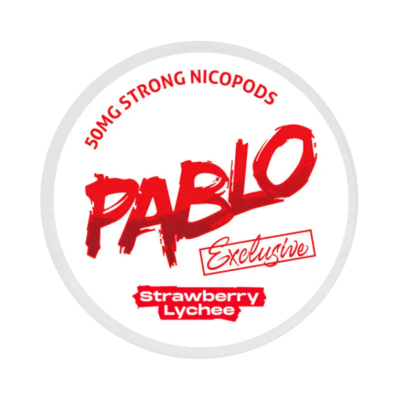 Front view of PABLO Exclusive 50mg nicotine pouches with strawberry lychee flavor