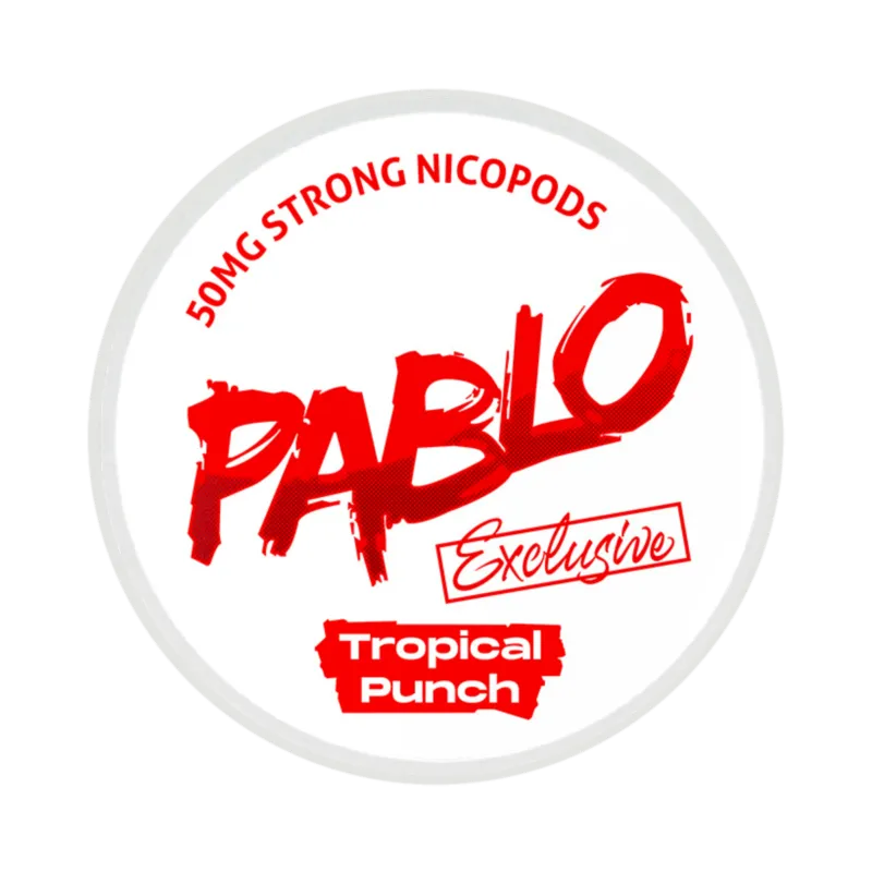 Front view of PABLO Exclusive 50mg nicotine pouches with tropical flavor
