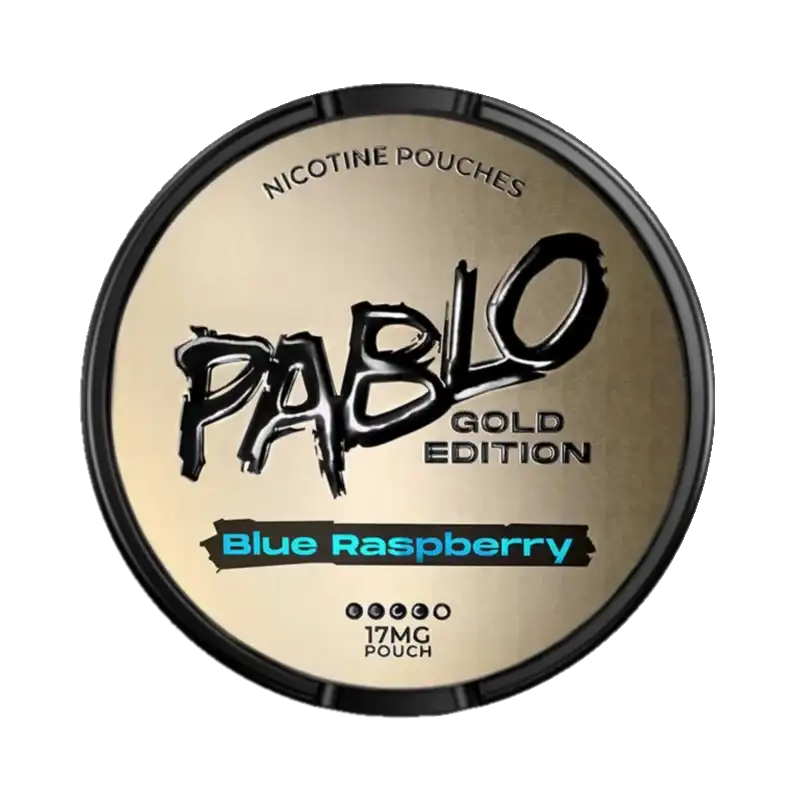 Front view of Pablo Gold Edition Blue Raspberry nicotine pouch –with sweet blue raspberry flavor.