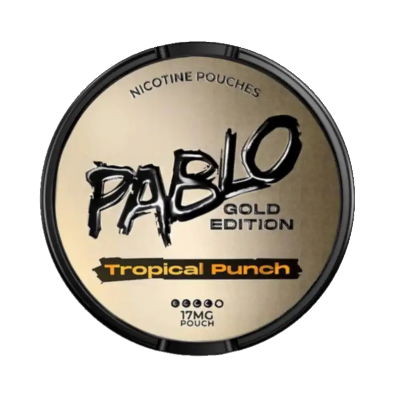Front view of Pablo Gold Edition Tropical Punch nicotine pouch – with tropical fruit punch flavor. 