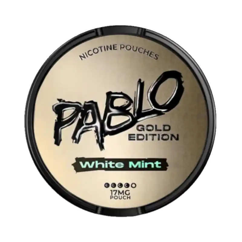 Front view of Pablo Gold Edition White Mint nicotine pouch – 17mg with icy mint flavor.