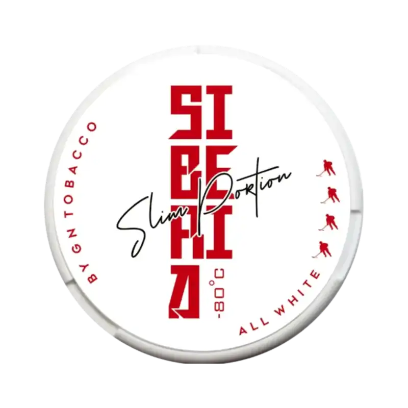 Siberia 80 All White Slim nicotine pouch with vertical logo and hockey-themed lid design.