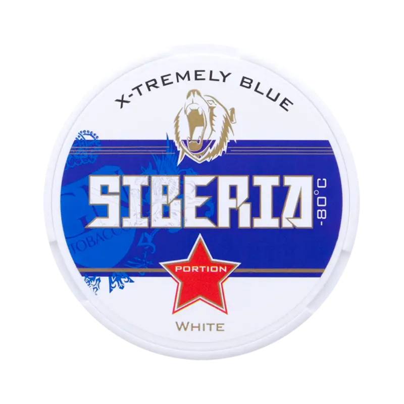 SIBERIA 80 White Portion Blue nicotine pouch with bold design and extra strong tobacco content.