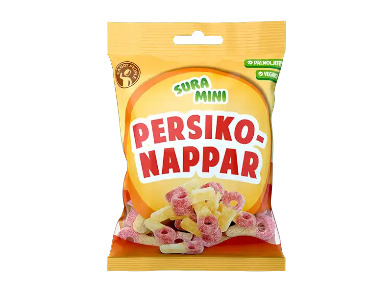 Front view of Sura Mini Peach candy – sour peach gummies with juicy flavor.