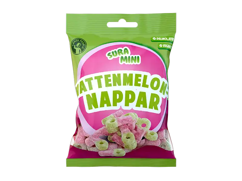 Front view of Sura Mini Watermelon candy – sour watermelon gummies with tropical flavor.