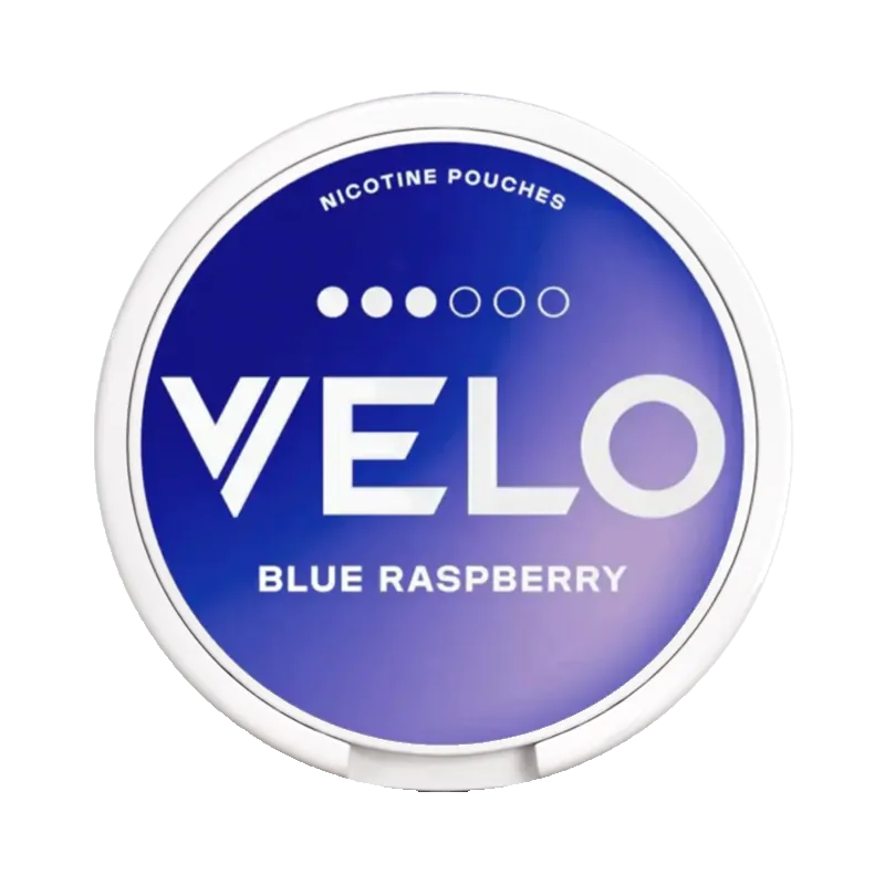 Velo Blue Raspberry nicotine pouch with bold berry flavor in a sleek purple-blue can