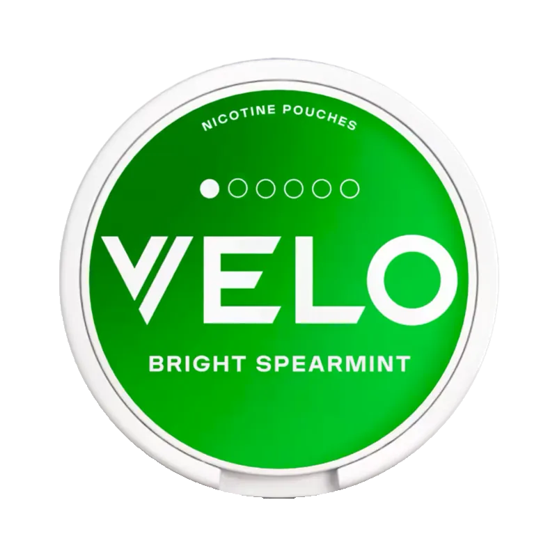 Bright spearmint nicotine pouch can from VELO with bold green design