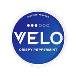 VELO Crispy Peppermint nicotine pouch can with a cool blue design