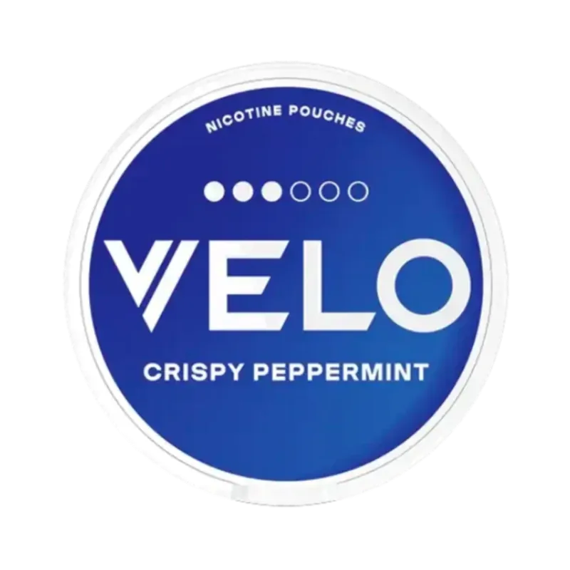VELO Crispy Peppermint nicotine pouch can with a cool blue design
