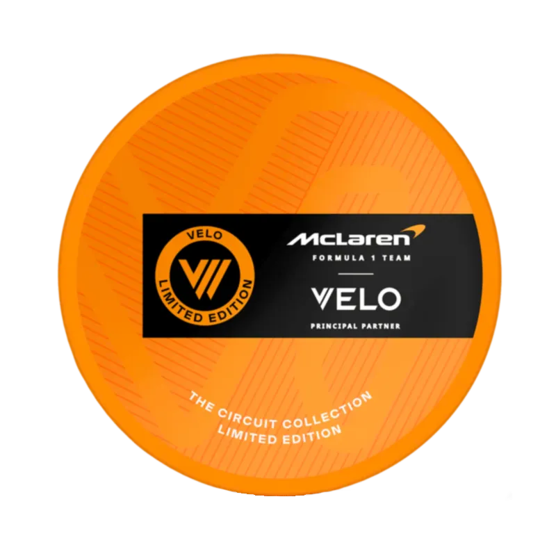 Front view of VELO McLaren Limited Edition, with sweet papaya tropical flavor.