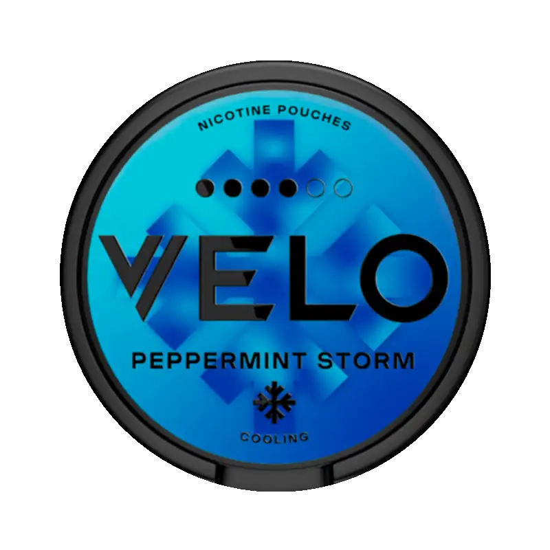 VELO Peppermint Storm nicotine pouch – strong mint flavor can front