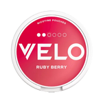 VELO Ruby Berry nicotine pouch with fruity berry flavor in bold pink packaging