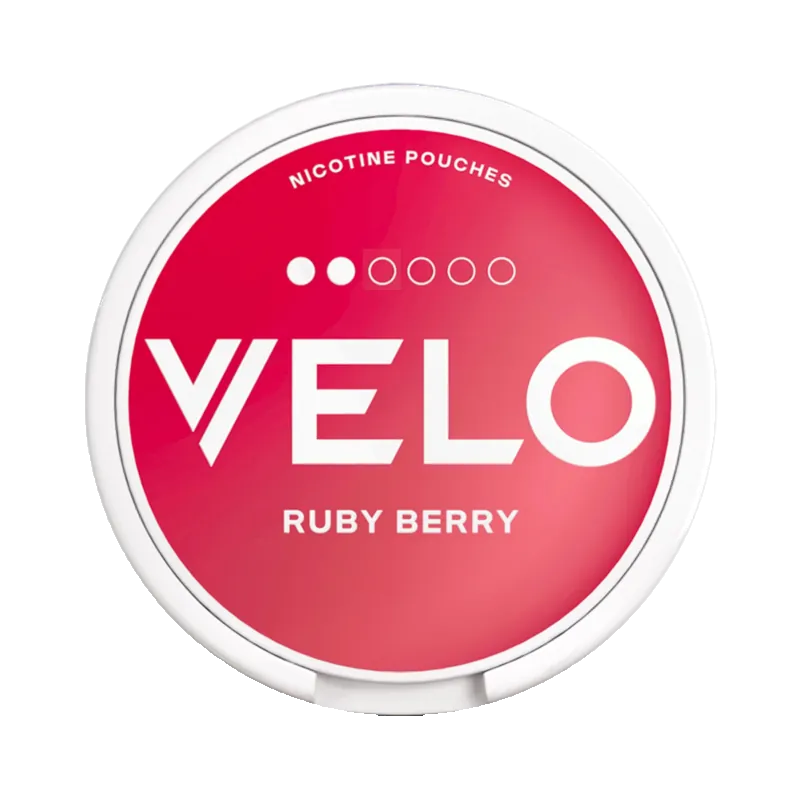 VELO Ruby Berry nicotine pouch with fruity berry flavor in bold pink packaging