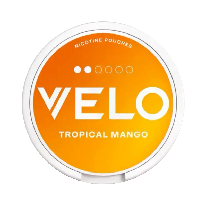 VELO Tropical Mango nicotine pouch with bold orange design and tropical flavor burst