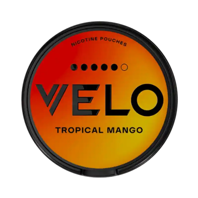 VELO Tropical Mango nicotine pouch with fiery orange-black gradient design. 