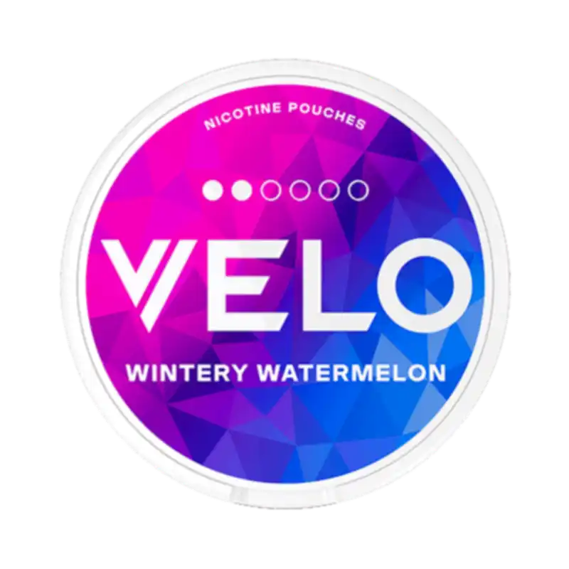 Velo Wintery Watermelon nicotine pouch with icy fruit flavor in a modern geometric design